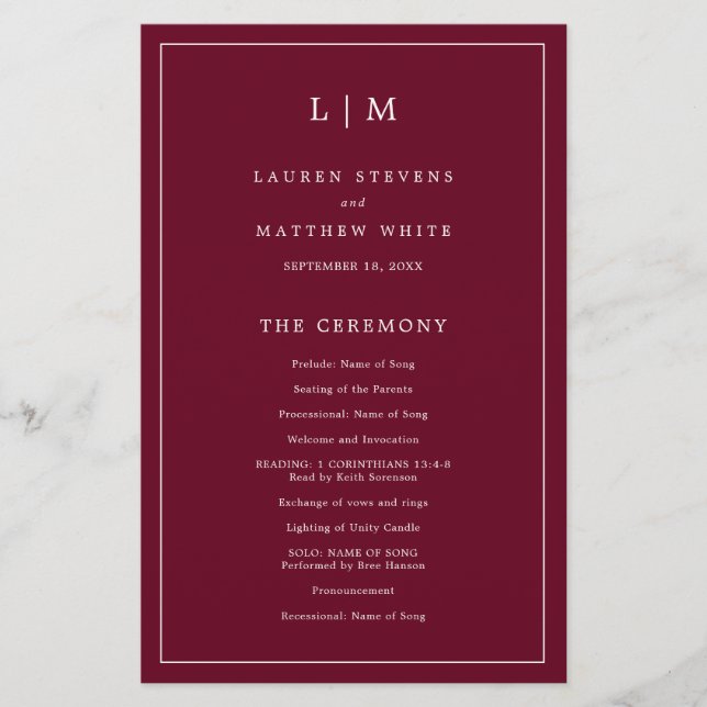 Simple Burgundy Monogram Elegant Wedding Program (Front)