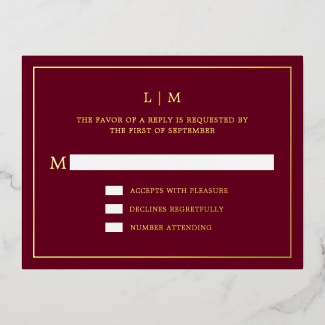 Simple Burgundy Monogram Elegant Wedding RSVP Foil Invitation Postcard (Front)