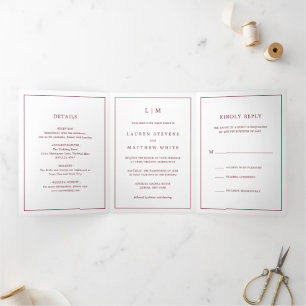 Simple Burgundy Monogram Elegant Wedding Tri-Fold Invitation