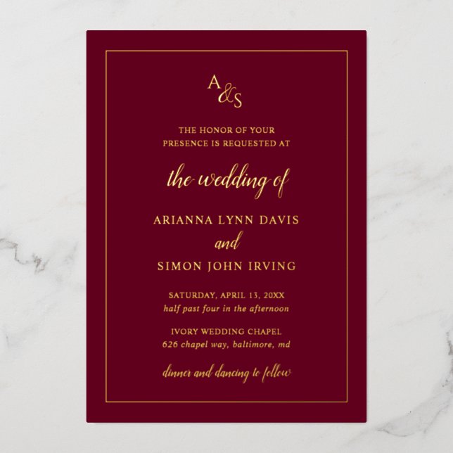 Simple Burgundy Monogram Formal Elegant Wedding (Front)