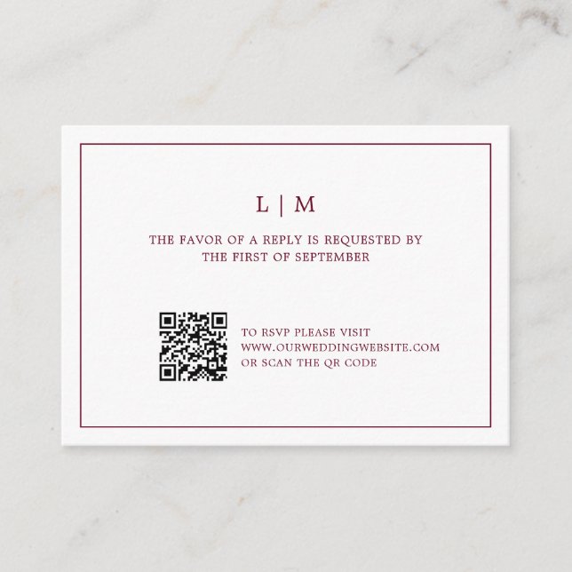 Simple Burgundy Monogram QR Code Elegant Wedding Card (Front)