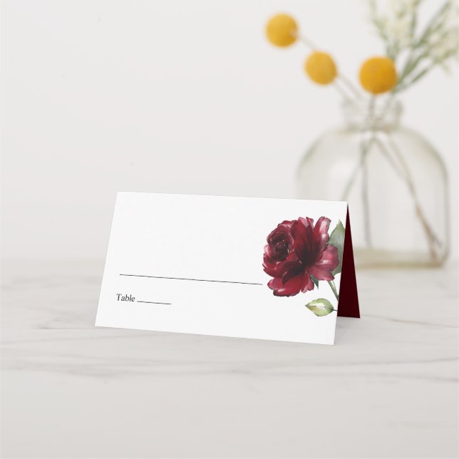 Simple Burgundy Watercolor Floral Place Card (Front)