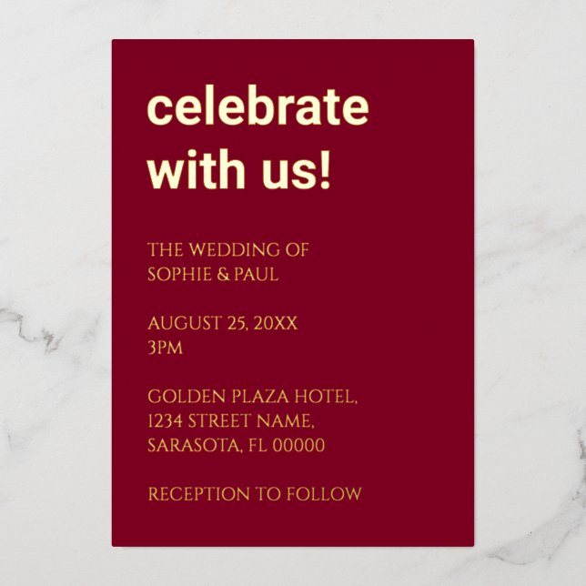 Simple Burgundy Wedding Foil Invitation (Front)