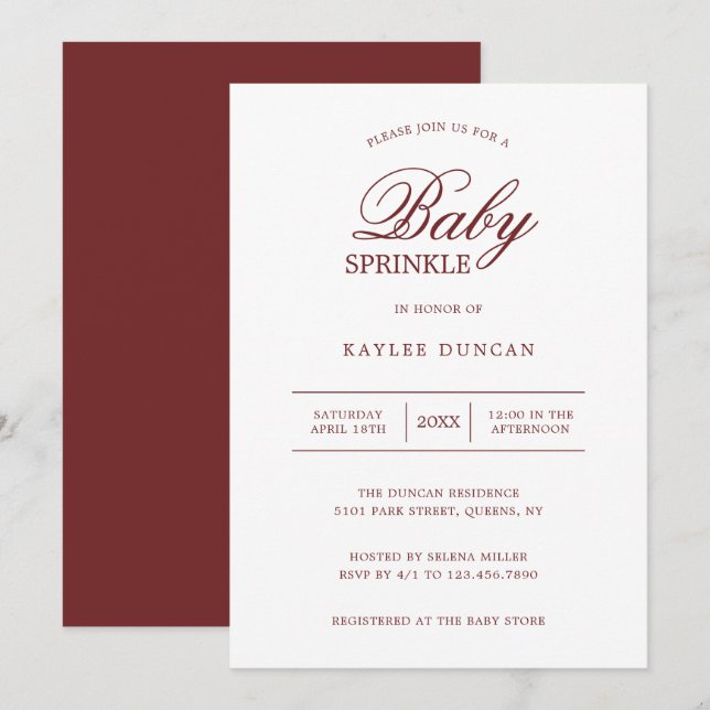 Simple Burgundy White Gender Neutral Baby Sprinkle Invitation (Front/Back)