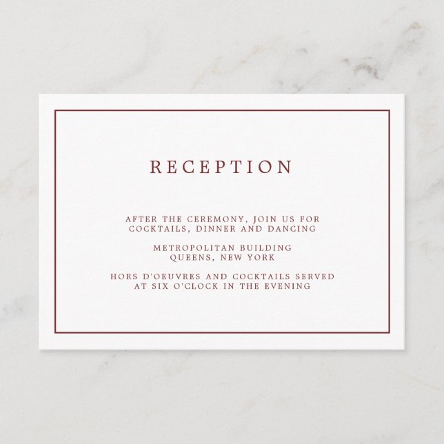 Simple Burgundy White Minimalist Wedding Reception Enclosure Card (Front)