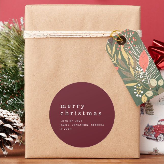 Simple Burgundy White Names Merry Christmas  Classic Round Sticker (Holiday)