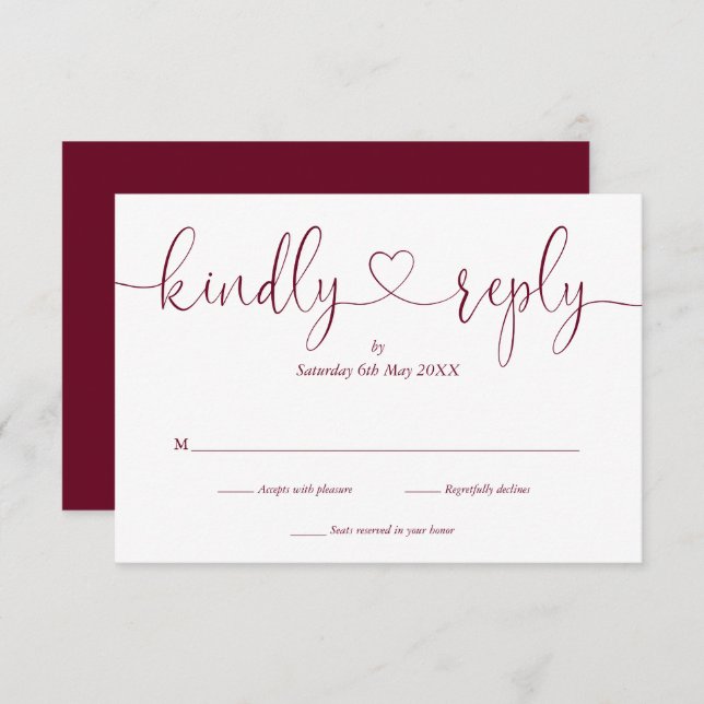 Simple Burgundy White Script Heart Kindly Reply RSVP Card (Front/Back)