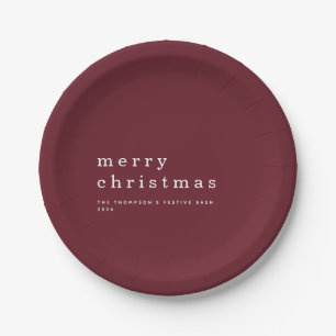 Simple Burgundy White Typography Merry Christmas Paper Plate