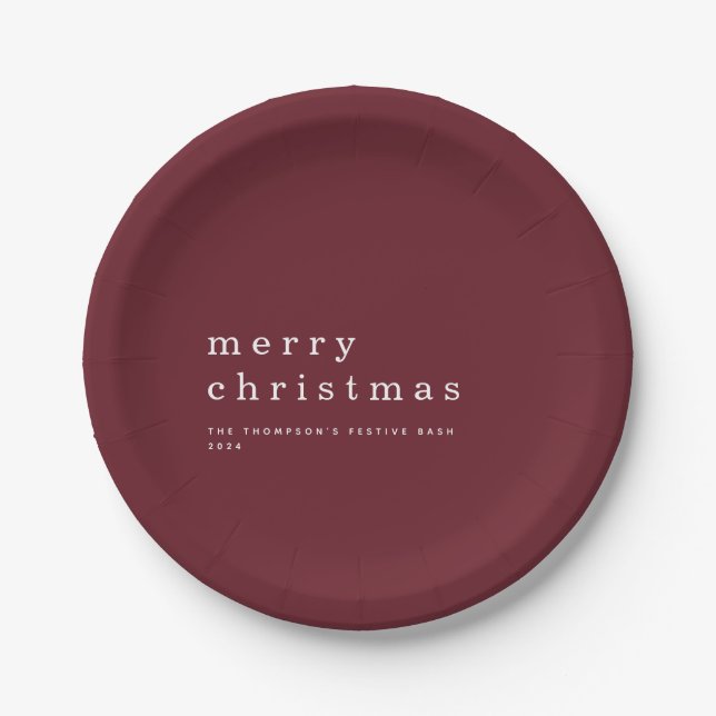 Simple Burgundy White Typography Merry Christmas Paper Plate (Front)