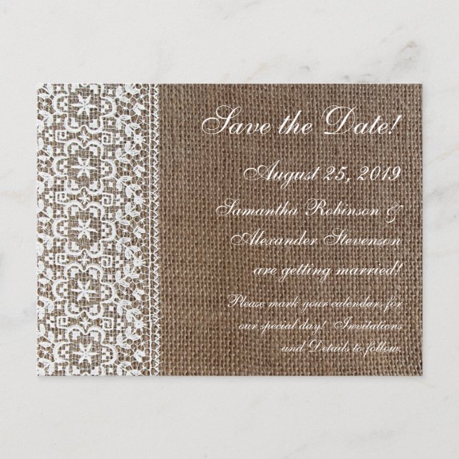 Simple Burlap and Lace Announcement Postcard (Front)