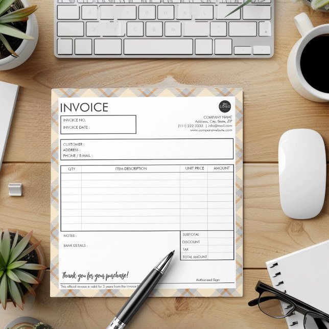 Simple Business Invoice Plaid Border Template Notepad (Simple Peach Plaid Border Business Invoice Template)