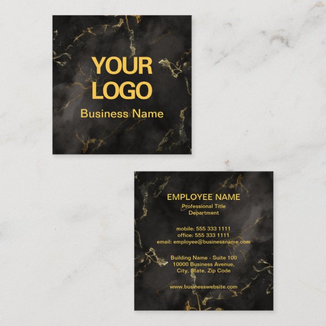 Simple Business Logo Elegant Black and Gold Marble Square Business Card (Front/Back)