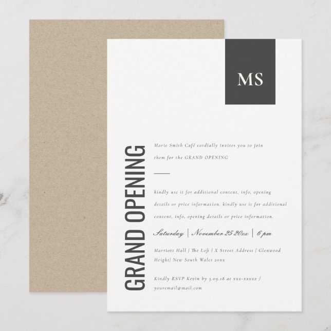 Simple Business Monogram Grand Opening Invite (Front/Back)