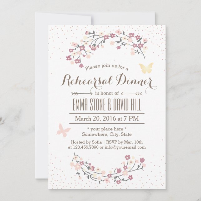 Simple Butterfly & Flowers Garden Rehearsal Dinner Invitation (Front)