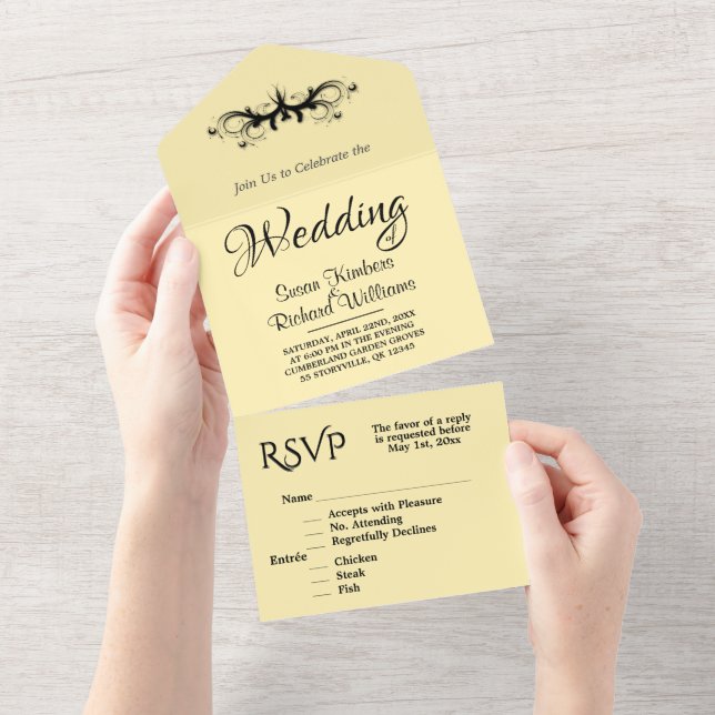  Simple Buttermilk & Black Tri Fold  Rsvp Wedding All In One Invitation (Tearaway)