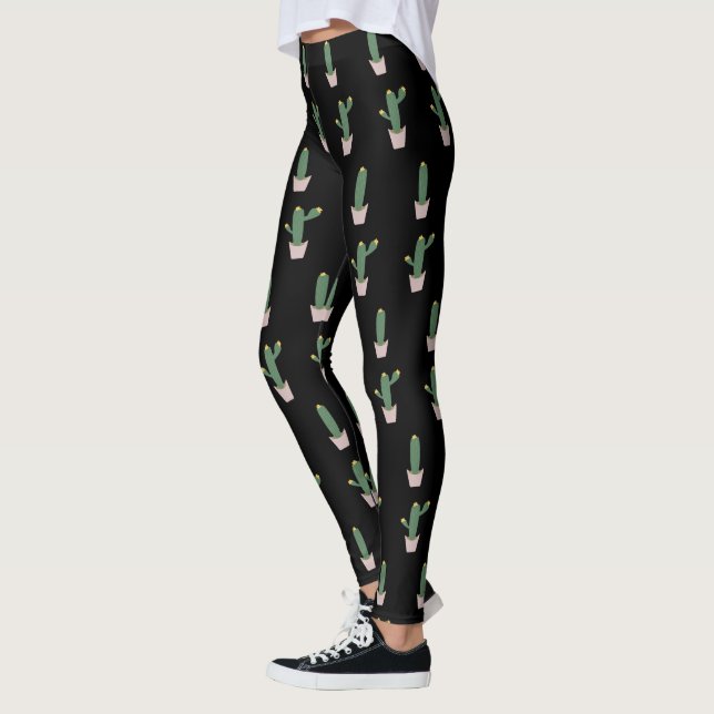 Simple Cactus Pot Plant Pattern Black Leggings (Left)