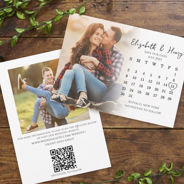 Simple Calendar Calligraphy Two Photo QR Code  Save The Date (Creator Uploaded)