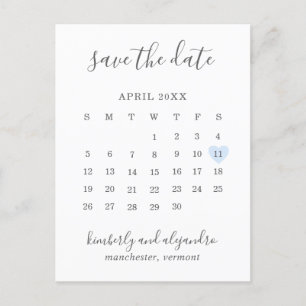 Simple Calendar Pastel Blue Heart Save the Date Announcement Postcard