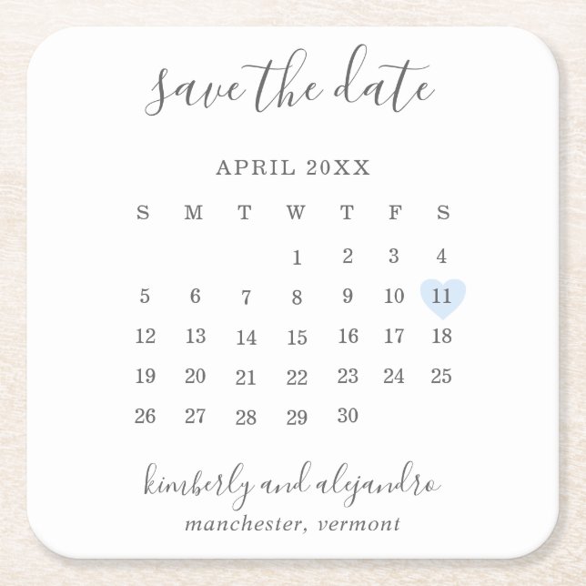 Simple Calendar Pastel Blue Heart Save the Date Square Paper Coaster (Front)