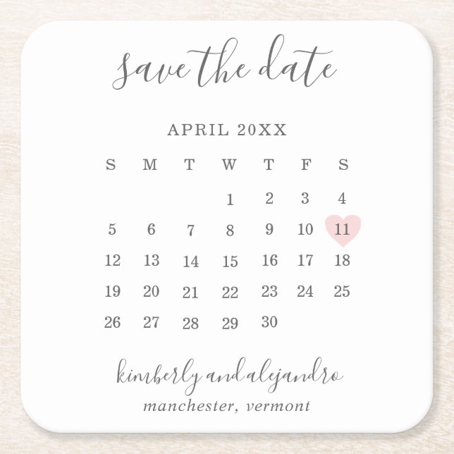 Simple Calendar Pastel Pink Heart Save the Date Square Paper Coaster (Front)