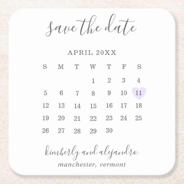 Simple Calendar Pastel Purple Heart Save the Date Square Paper Coaster (Front)