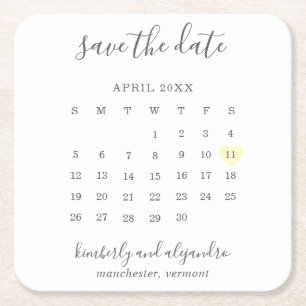 Simple Calendar Pastel Yellow Heart Save the Date Square Paper Coaster