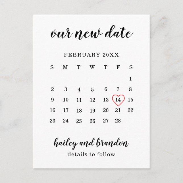 Simple Calendar Red Heart Wedding Change the Date Announcement Postcard (Front)