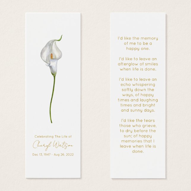 Simple Calla Lily Funeral Memorial Bookmark (Front & Back)