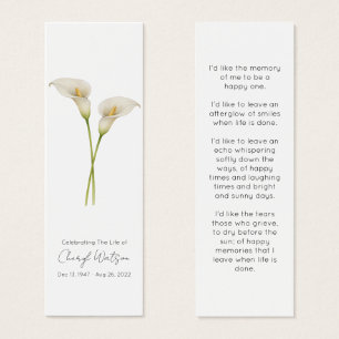 Simple Calla Lily Funeral Memorial Bookmark