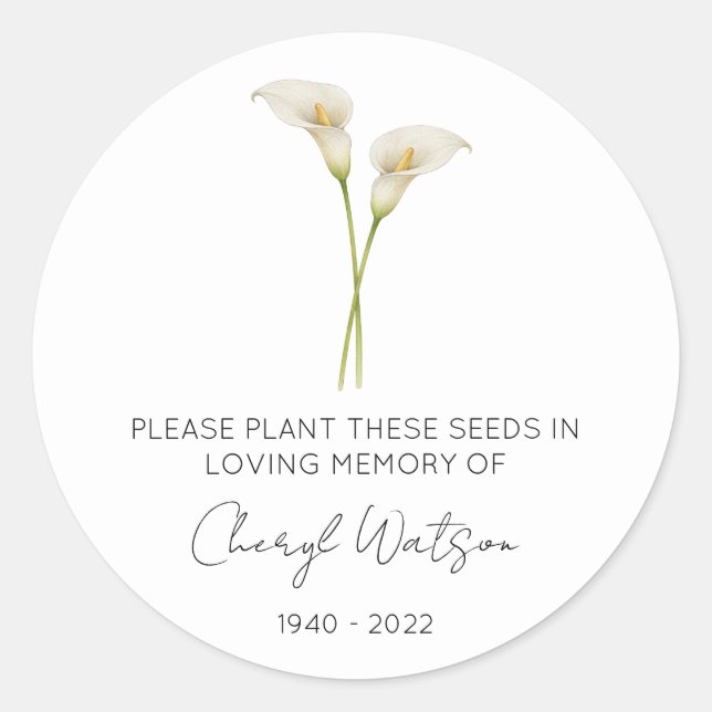 Simple Calla lily Memorial Seed Packet Classic Round Sticker (Front)