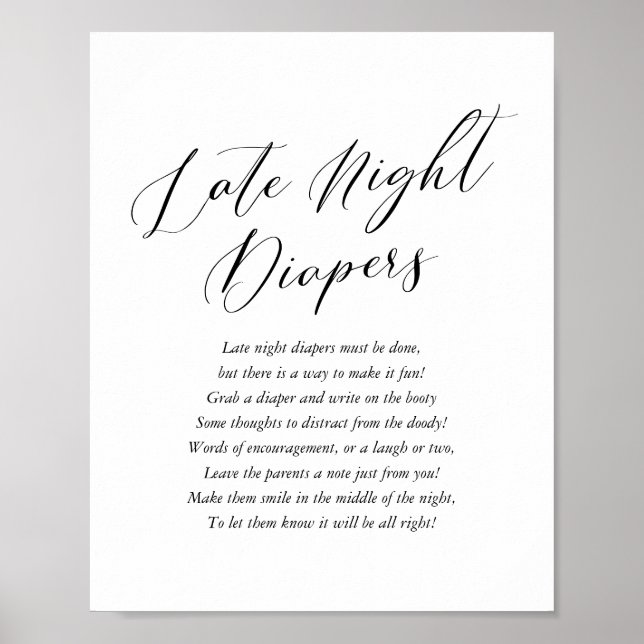 Simple Calligraphy Baby Shower Late Night Diapers Poster (Front)