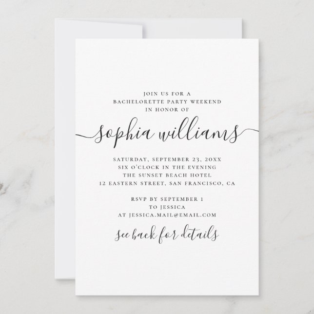 Simple calligraphy bachelorette party weekend invitation (Front)