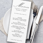 Simple Calligraphy Black and White Wedding Menu<br><div class="desc">Custom wedding menu card. Simple classic and elegant design black and white to coordinate with your wedding colours (please browse my store for alternative colours or click "customize further" and change the background colour to suit). The template is ready for you to add the bride and groom names, wedding date...</div>