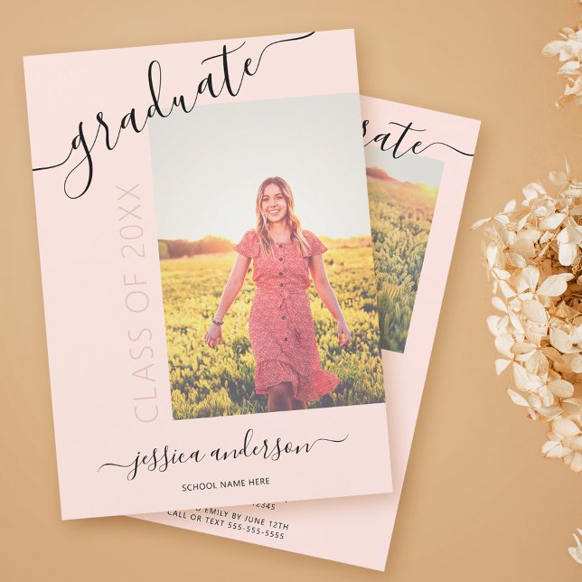 Simple Calligraphy Blush Pink Graduation 2 Photo Invitation (Creator Uploaded)