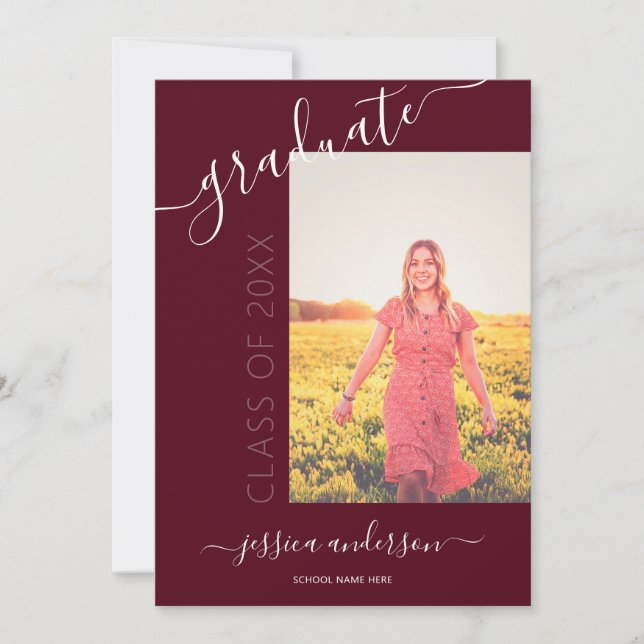 Simple Calligraphy Burgundy Graduation 2 Photo Invitation (Front)