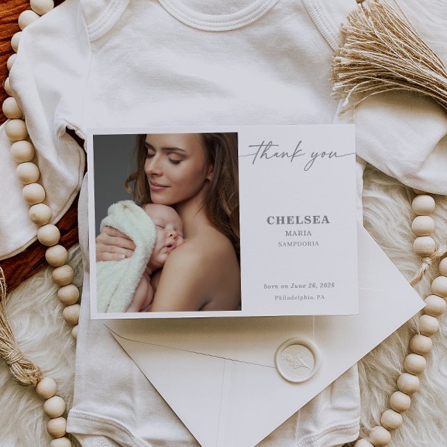Simple Calligraphy Chic Baby Photo Thank You Card (Creator Uploaded)