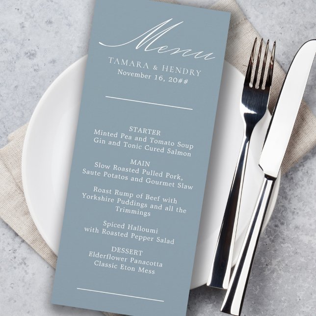 Simple Calligraphy Dusty Blue Wedding Menu (Creator Uploaded)