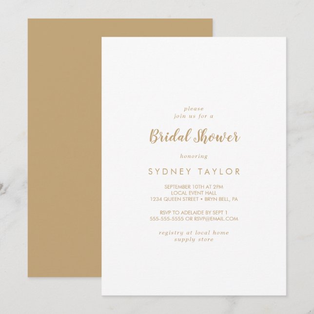 Simple Calligraphy | Gold Back Bridal Shower Invitation (Front/Back)