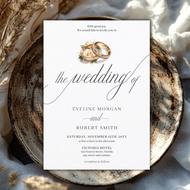 Simple calligraphy gold rings and roses wedding invitation (elegant script typography gold wedding rings wedding invitation)