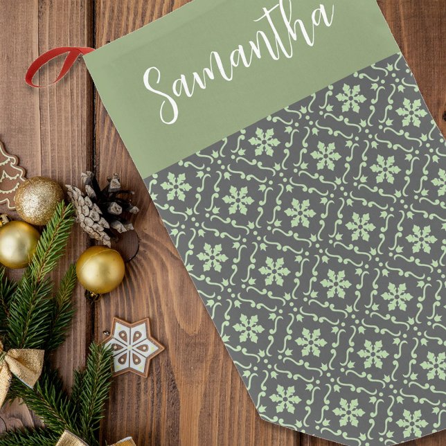 Simple Calligraphy Green Snowflake Pattern Grey Small Christmas Stocking (Holiday Christmas stocking green snowflake pattern)