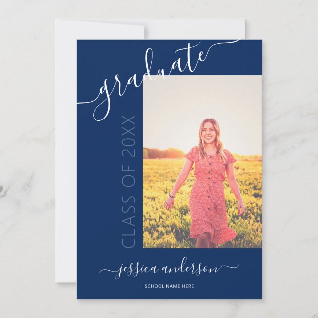 Simple Calligraphy Navy Blue Graduation 2 Photo Invitation (Front)