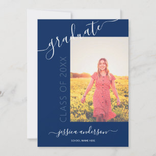 Simple Calligraphy Navy Blue Graduation 2 Photo Invitation