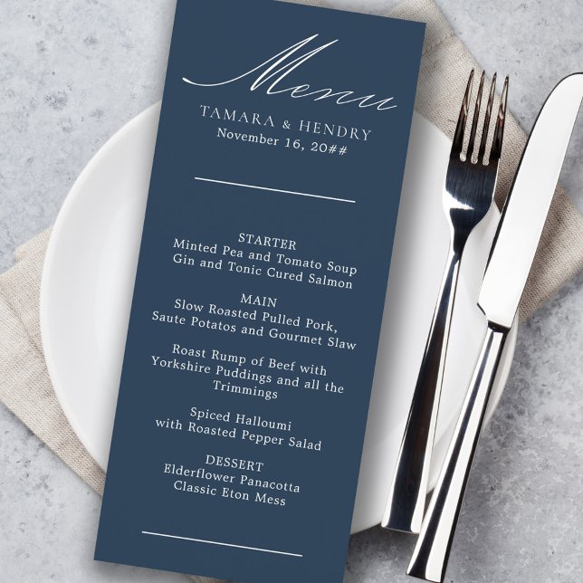 Simple Calligraphy Navy Blue Wedding Menu (Creator Uploaded)