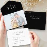 Simple Calligraphy Photo Black White RSVP Wedding All In One Invitation<br><div class="desc">Elegant trifold black and white wedding invitation with tear off RSVP card and script calligraphy. Simple classic and elegant design in black and white to coordinate with your wedding colours (please browse my store for alternative colours or click "customize further" and change the background colour to suit). The template is...</div>