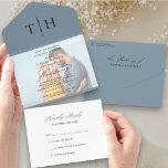 Simple Calligraphy Photo Dusty Blue RSVP Wedding All In One Invitation<br><div class="desc">Elegant trifold dusty blue wedding invitation with tear off RSVP card and script calligraphy. Simple classic and elegant design in dusty blue, black and white to coordinate with your wedding colours (please browse my store for alternative colours or click "customize further" and change the background colour to suit). The template...</div>
