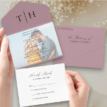 Simple Calligraphy Photo Dusty Rose RSVP Wedding All In One Invitation<br><div class="desc">Elegant trifold dusty rose wedding invitation with tear off RSVP card and script calligraphy. Simple classic and elegant design in dusty rose pink, black and white to coordinate with your wedding colours (please browse my store for alternative colours or click "customize further" and change the background colour to suit). The...</div>