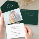 Simple Calligraphy Photo Emerald RSVP Wedding All In One Invitation<br><div class="desc">Elegant trifold emerald green wedding invitation with tear off RSVP card and script calligraphy. Simple classic and elegant design in emerald green, black and white to coordinate with your wedding colours (please browse my store for alternative colours or click "customize further" and change the background colour to suit). The template...</div>