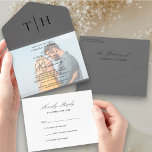 Simple Calligraphy Photo Grey RSVP Wedding All In One Invitation<br><div class="desc">Elegant trifold grey wedding invitation with tear off RSVP card and script calligraphy. Simple classic and elegant design in grey, black and white to coordinate with your wedding colours (please browse my store for alternative colours or click "customize further" and change the background colour to suit). The template is ready...</div>