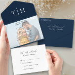 Simple Calligraphy Photo Navy Blue RSVP Wedding Al All In One Invitation<br><div class="desc">Elegant trifold navy blue wedding invitation with tear off RSVP card and script calligraphy. Simple classic and elegant design in navy blue, black and white to coordinate with your wedding colours (please browse my store for alternative colours or click "customize further" and change the background colour to suit). The template...</div>
