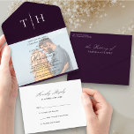 Simple Calligraphy Photo Purple RSVP Wedding All In One Invitation<br><div class="desc">Elegant trifold purple wedding invitation with tear off RSVP card and script calligraphy. Simple classic and elegant design in purple, black and white to coordinate with your wedding colours (please browse my store for alternative colours or click "customize further" and change the background colour to suit). The template is ready...</div>
